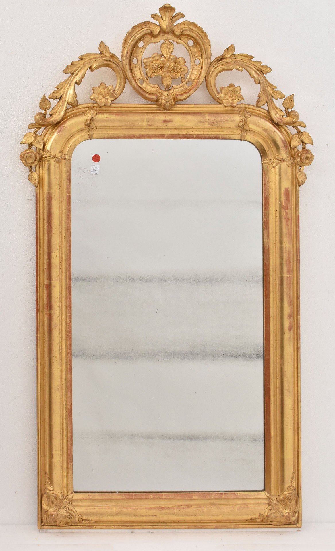 MIROIR ANCIEN AVEC FRONTON FLORAL, PSYCHÉ ANCIENNE LOUIS-PHILIPPE, CADRE DORÉ, XIXE SIÈCLE. (SPC196)